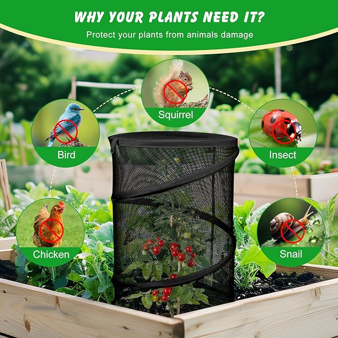 Zofylux 4 Pcs Pop Up Plant Cover Net,19”x 14”Round Foldable Plant Covers,Garden Plant Protectors with 16 Pcs Ground Stakes,Garden Mesh Covers for Outdoor and Indoor Plants