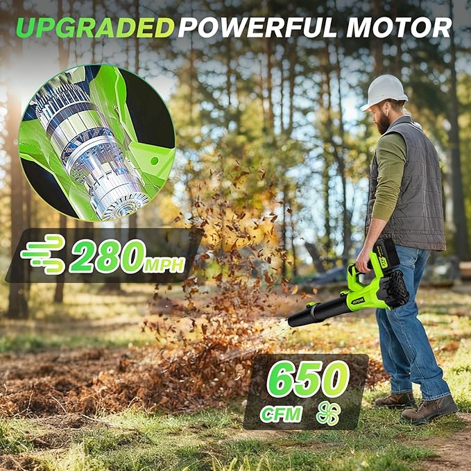 Leaf Blower Cordless, 650CFM & 280MPH Electric Leaf Blower with 2 x 21V4.0Ah Batteries and Fast Charger, 6 Speed Modes, for Lawn Care, Yard Work, Blowing Leaves, Dust
