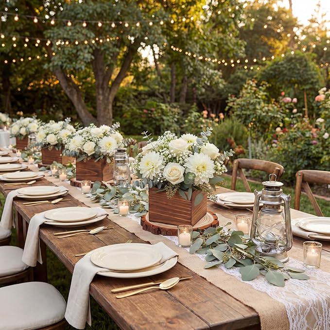 Leinuosen 16 Pcs Wedding Centerpieces Decor Set 8 x 4-inch Rustic Wood Cube Planter Box with 8 x Natural Wood Slices Tabletop Floral Arrangements for Baby Shower Home Garden Decorations