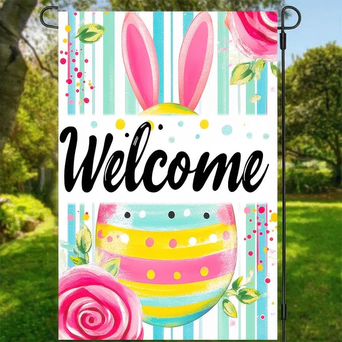 Happy Easter Garden Flag 12x18 Inch Double Sided Welcome Sign Colorful Eggs Yard Flag Outdoor Home Decoration Flag Seasonal Spring Decor for Farmhouse Holiday
