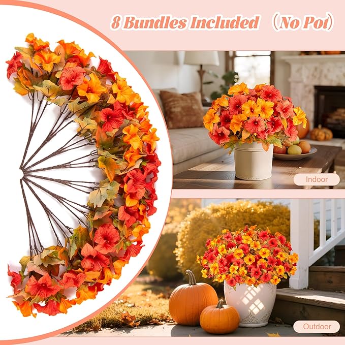 Ammyoo 8 Pcs Fake Fall Flowers Artificial Petunias for Outdoor Decorations, Faux Fall Flowers for Outside UV Resistant Realistic Plants for Garden Porch Patio Indoor Autumn Decor(Orange Yellow)