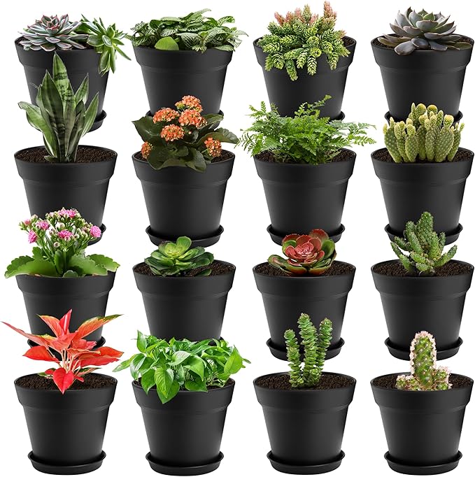 FHWTY 16 Pack Plastic Plant Pots with Drainage Holes and Tray, 4 inch Thickened Indoor Planters Seedlings Nursery Pots for Flowers, African Violet, Succulent and All House Plants, Black