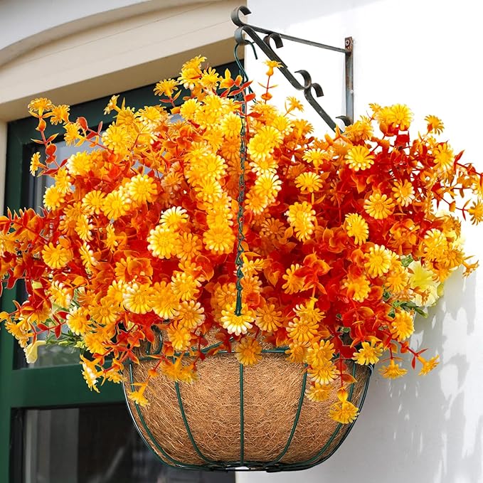 Grunyia 12 Bundles Artificial Fall Flowers for Outdoors Fake Plants - Faux Outside Greenery Boxwood No Fade Plastic Shrubs Decor Farmhouse Home Garden Thanksgiving (Fall Yellow)