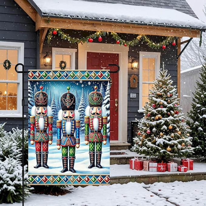 IVN Christmas Garden Flag 12x18 Inch Nutcracker Soldiers in Colorful Uniform with Snowy Pine Trees and Holiday Border Flag Double Sided Outdoor Yard Banner for Porch Lawn Patio Decor Winter