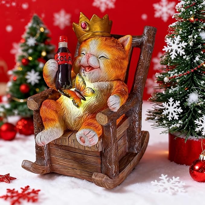 Solar Cat Garden Statue – Funny Orange Tabby Cat with Crown & Cola, LED Butterfly Light, Sitting on Rocking Chair – Outdoor Patio Decor for Yard, Porch, Lawn, or Gift
