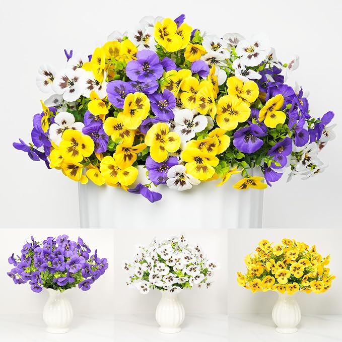 SupBri 12 Bundles Artificial Flowers for Outdoor, UV Resistant Fake Pansy Flowers, Silk Faux Fowers for Outdoor Planters Home Garden Office Patio Front (12, White)