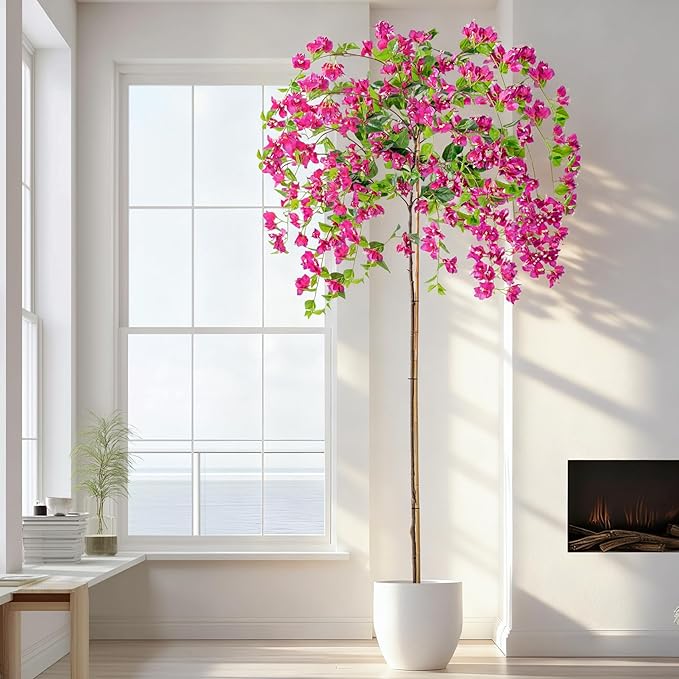7.2FT Artificial Bougainvillea Tree Artificial Tree Tall Potted Fake Bougainvillea Trees for Outdoor Indoor Lifelike Potted Faux Plants with Wood Trunk and Flowers Office Wedding Home Decor