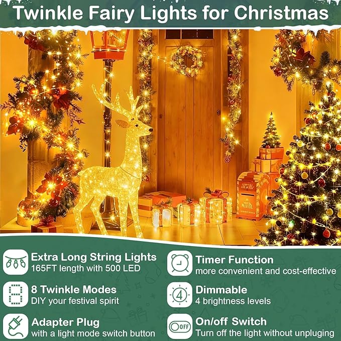 165Ft Ultra Long 500 LEDs String Lights Plug in, with Switch/Timer, Waterproof Dimmable Copper String Lights for Home/Holiday Decor, 8 Modes Fairy Lights with Remote, Warm White UL Listed