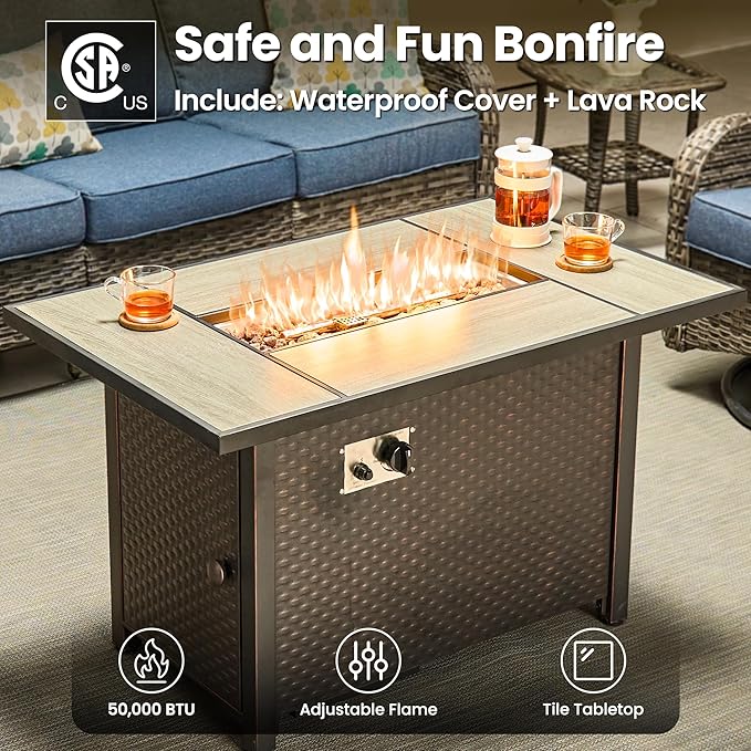 ovios 7 Pieces Patio Furniture Set, Outdoor Wicker Sofa Couch with Swivel Chairs 42" Fire Pit Table, High Back Modern All Weather Conversation Sets, Grey Rattan, Denim Blue