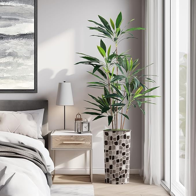 SIGNWIN Artificial Tree in Modern Geometric Pattern Planter, Fake Dracaena Tree Silk Trees for Indoor and Outdoor Home Decoration - 66" Overall Tall (Plant Pot Plus Tree)