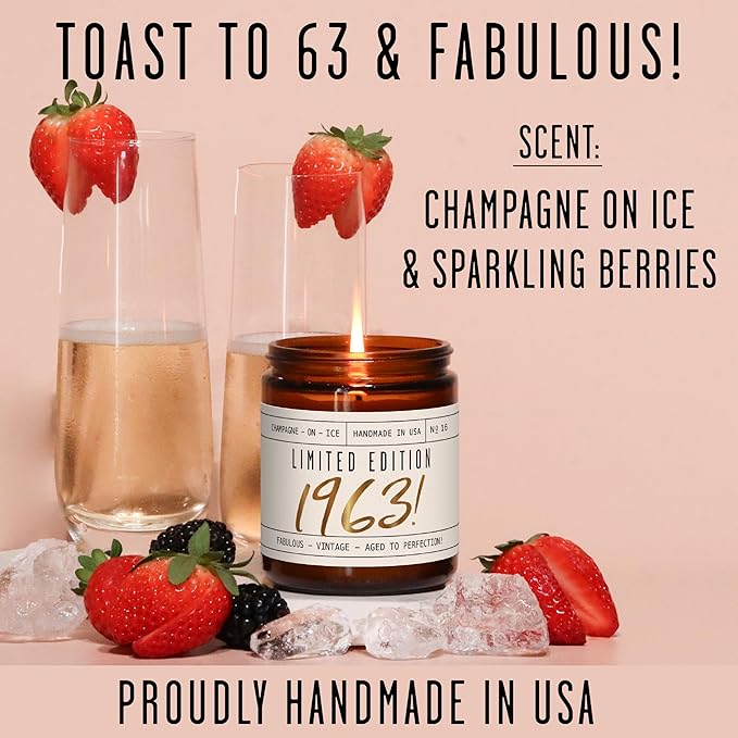 63rd Birthday Gifts for Women - 'Limited Edition 1963' Soy Candle, w/Champagne on Ice I 63rd Birthday Gift for Her Ideas I 9oz Reusable Jar, 50Hr Burn, Made in USA