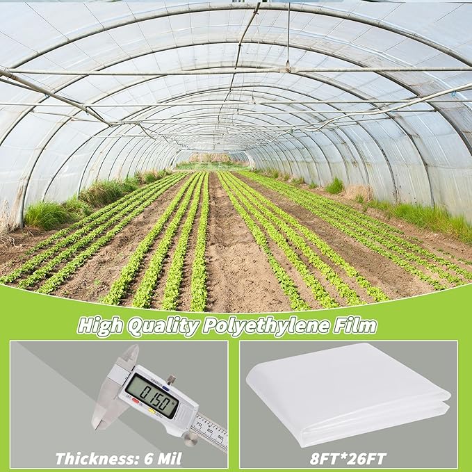 Greenhouse Plastic Sheeting 6 Mil, 8 x 26 FT Transparent UV Resistant Polyethylene Film, Tear-Resistant Green House Hoop Cover for Gardening, Farming, Nursery, Henhouse, Anti-Drip & Weatherproof