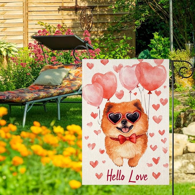 Valentine's Day Chow-Chow-Dog Hello Love Garden Flag, House Yard Plaid Love Heart Outside Decoration, Spring Holiday Wedding Anniversary Outdoor Small Decor 12x18(12654)