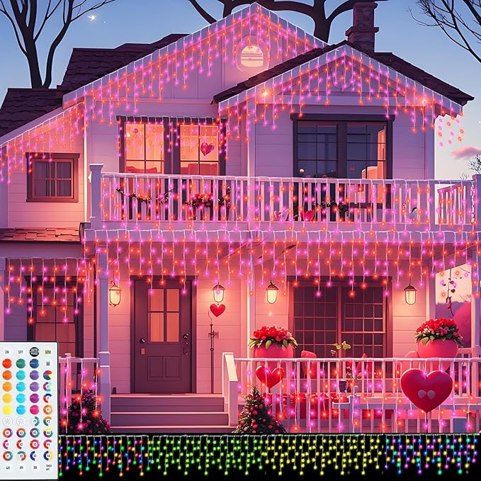 Color Changing Icicle Lights with Remote, 34 Colors Christmas Outdoor Decoration, 165 LED 26.2 FT RGB Waterproof Hanging String Lights for Roof Window Home Party Easter Valentine's Day Decorations