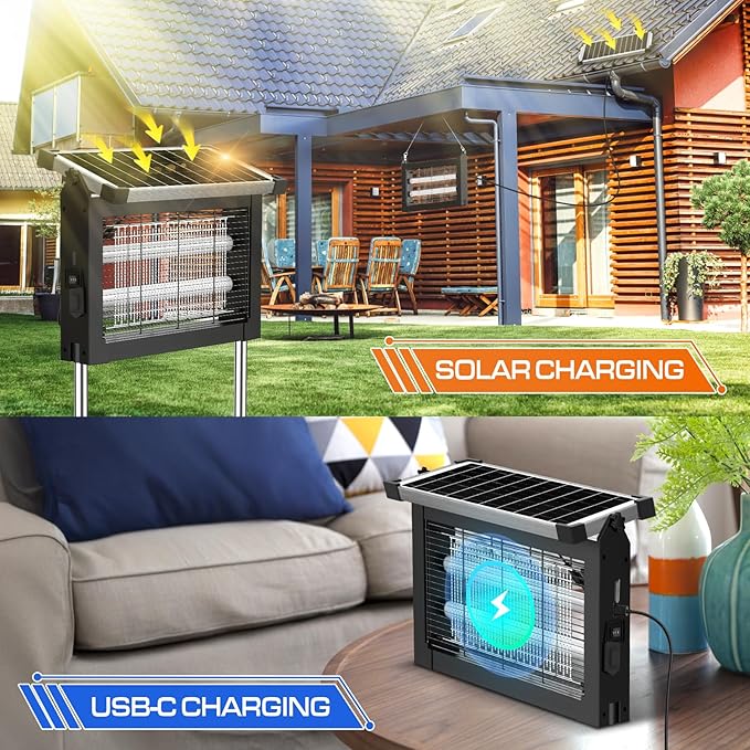 Solar Bug Zapper Outdoor Waterproof, 4500V High Power Cordless Mosquito Zapper with Smart Light Sensor, Dual Solar & USB Rechargeable Insect Killer for Patio, Garden, Backyard, Indoor & Outdoor Use