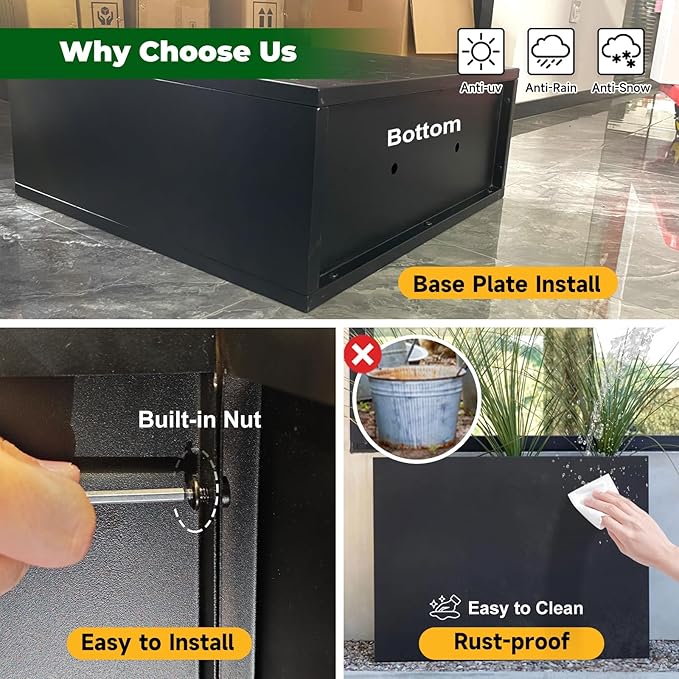 GZLVSOW Black Steel Planter Box for Outdoor Plants 24" x 10" x 24" Metal Rectangular Outdoor Planter Box All-Weather Use with Drainage Holes for Patio,Porch,Garden (Black, 24 * 10 * 24)
