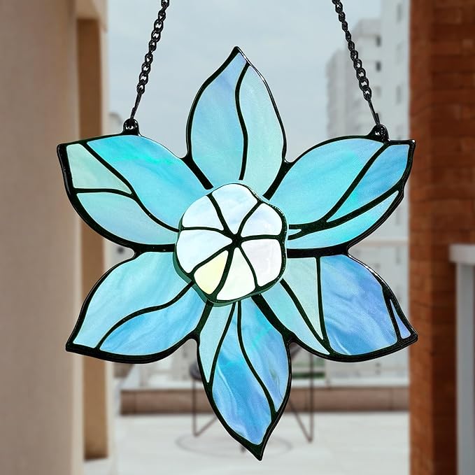 DASTOLL Stained Glass Window Hanging - Blue Christmas Flower Suncatcher for Doors Garden Kitchen Floral Sun Catchers Home Decor Birthday Holiday for Women Aunt Mom Nana Gardener