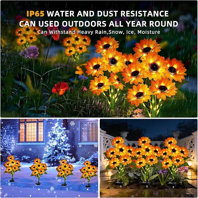 Solar Sunflower Lights Outdoor Garden Yard Decor Waterproof, 2 Pack with 12 Sunflowers Lights, Flowers Decorations Christmas Birthday Gifts for Mom Women Grandma