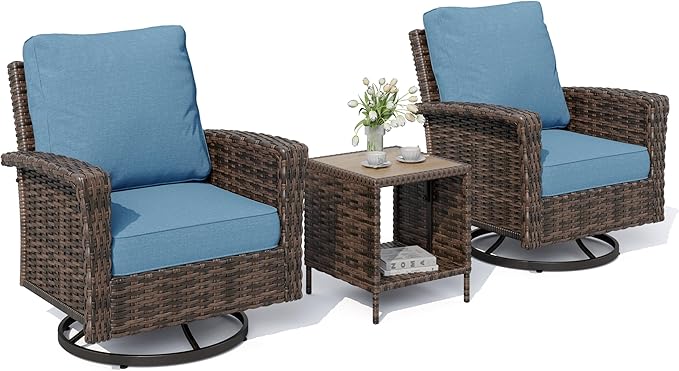 HERA'S HOUSE 3-Piece Outdoor Patio Furniture, High Back Swivel Chairs Set of 2 with Rattan Table, Brown Wicker Conversation Bistro Set with 5.5” Thick Cushion for Deck Porch Balcony Garden Lawn, Blue