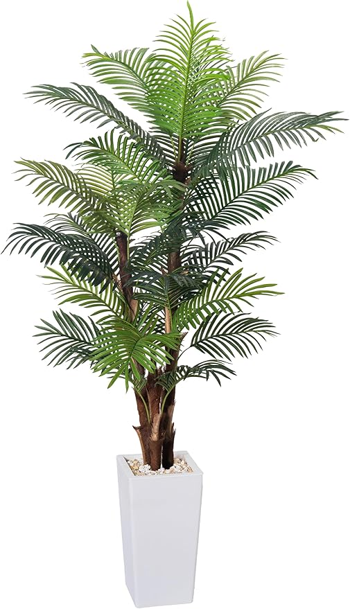 HAIHONG Artificial Palm Tree 7FT, Fake Tree with Realistic Fiber Trunks and White Tall Planter, Faux Tropical Areca Floor Plant in Pot, Artificial Silk Plant for Home Decor Office Decor Indoor
