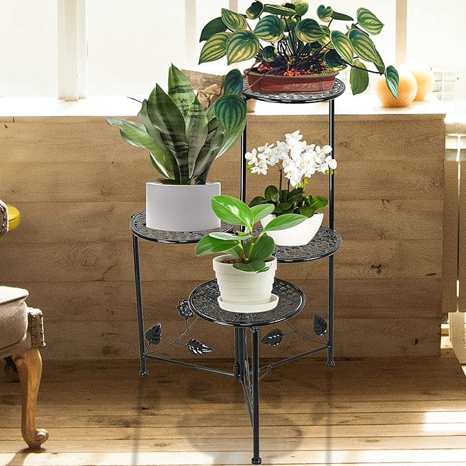 NAKUPE Plant Stand Indoor Outdoor, 3/4 Tier 30" Tall Metal Flower Pot Holder Shelves for Multiple Plants, Multi Tiered Planter Rack Display Shelf for Patio Garden Living Room Corner(Black)