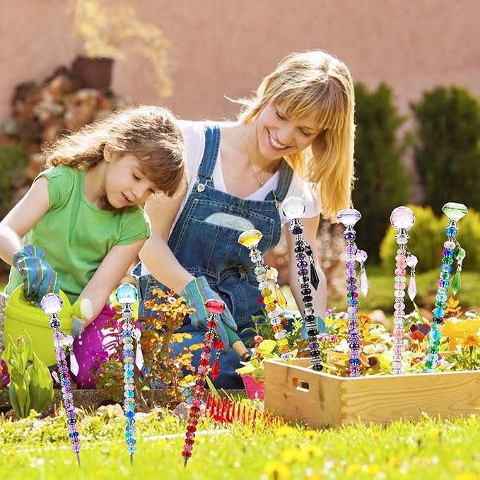 192Pcs DIY Fairy Wand Beaded Garden Stakes Kit, Fairy Garden Stakes Beads and Rods with Sparkling Crystal Pendants, Suitable for Garden Decorative Outdoor Beadable Items(10IN)