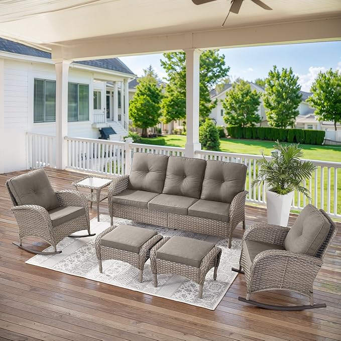 Belord 6 Pieces Patio Rocking Chairs Outdoor Furniture Set with Outdoor Couch and Ottoman Conversation Patio Furniture Set Perfect for Sunroom Deck Backyard