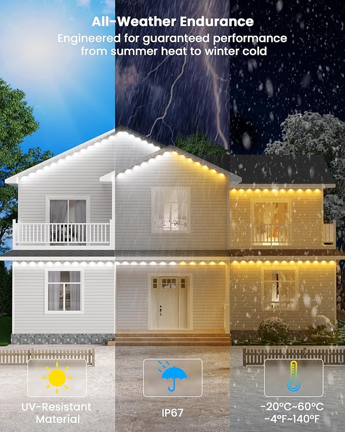 Gefolly Permanent Outdoor Lights Pro, 150ft with 90 RGBW Double-LED Lights 111 Scene Modes for Daily, Halloween, Christmas, IP67 Waterproof for Outdoor Decor, Works with Alexa, Google Assistant, White