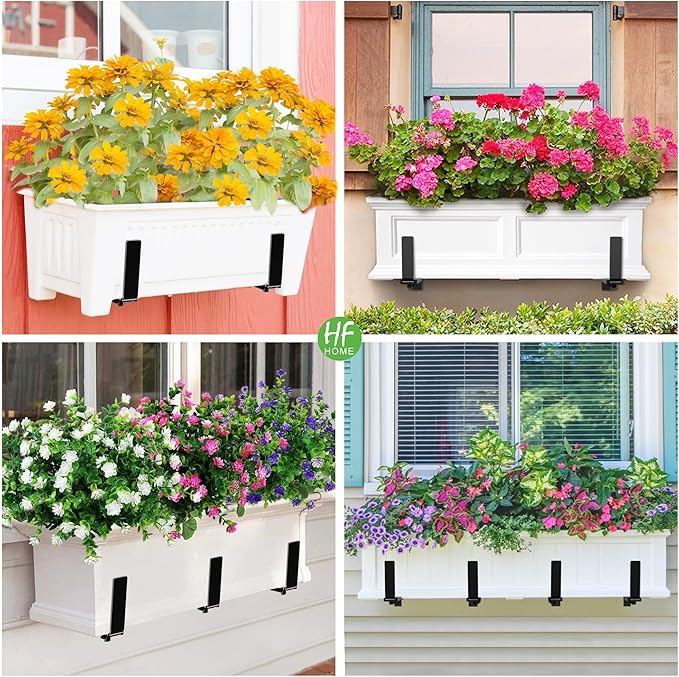 HFHOME 4 PCS Adjustable Planter Box Brackets (6 to 12.5 in), Universal Window Box Brackets, Heavy Duty Metal Flower Box Wall Mounting Hooks for Balcony, Fences, Patio, and Garden - Black
