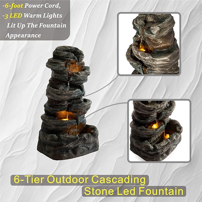 6-Tier Outdoor Cascading Stone Water Fountain, 35" H Freestanding LED Rock Waterfall with Natural Stone Appearance and Lights, Resin Water Feature for Garden Patio Yard Deck