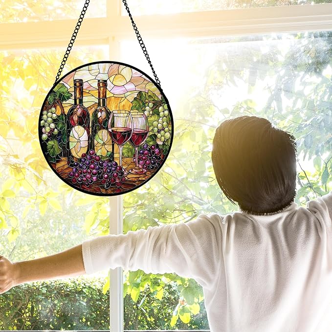 Stained Glass Window Hanging, Grapes and Wine Suncatcher Diamond Glass Panel Hangings Sun Catchers Decor for Birthday for Women, Men, Wife, Aunt, and Mom 11.8x11.8 in