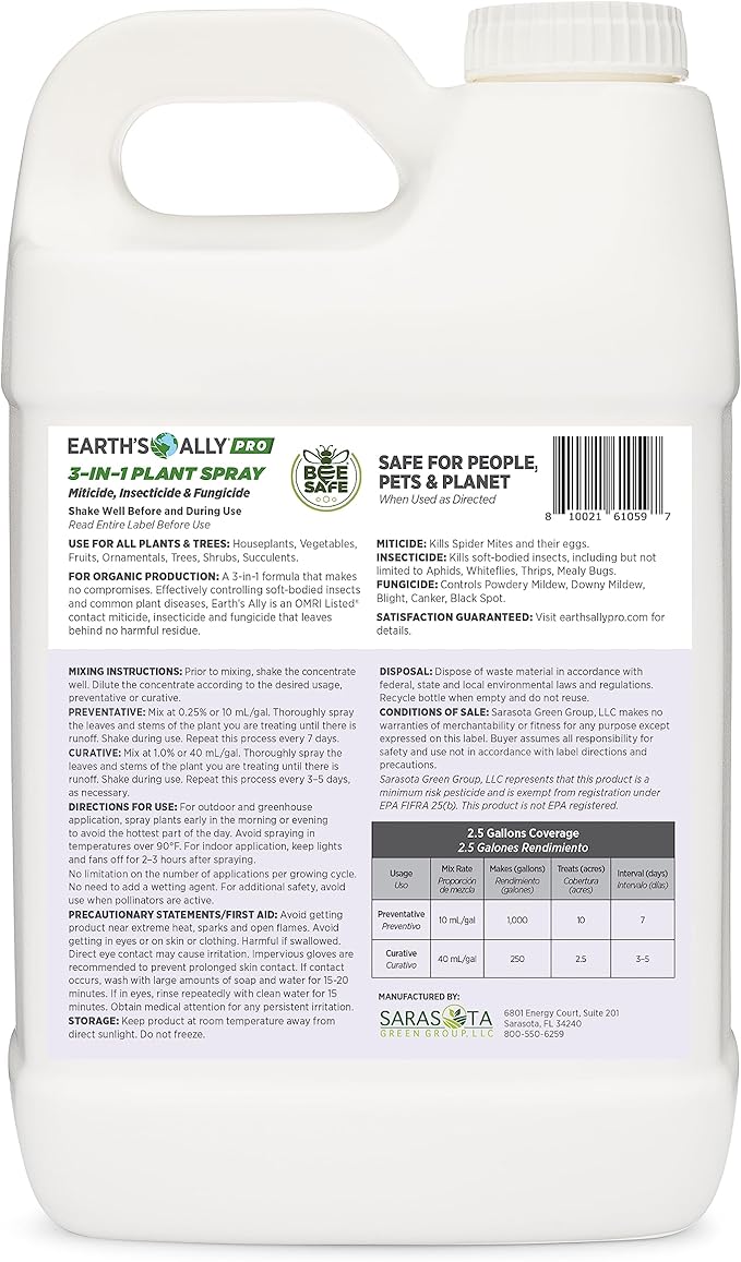 Earth's Ally 3-in-1 Plant Spray 2.5 Gal Concentrate for Pests and Disease - Organic Insecticide, Fungicide, Miticide - OMRI Listed for Indoor Houseplants and Outdoor Garden - Safe for Bees, Kids, Pets