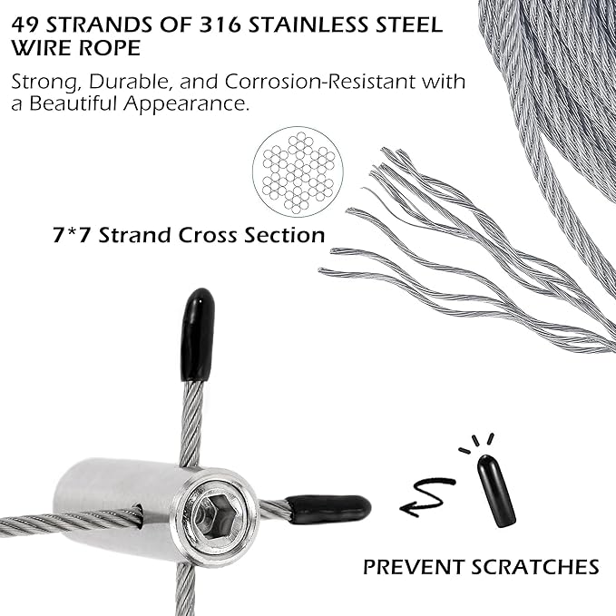 Acemaker Wire Trellis for Climbing Plants Outdoor, 12-Set Wall Wire Trellis Kit with 1/8in x 53ft Stainless Steel Cable, T316 Cylindrical Espalier System for Fence and Garden DIY Projects