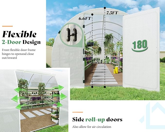 AMERLIFE 44x10x7.5 FT Tunnel Greenhouse for Outdoors, Large Walk-in Greenhouse kit with Reinforced Steel Frame, Swing Door & Premium PE Cover, White