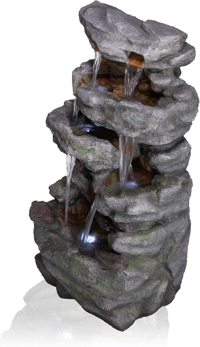Alpine Corporation TZL284 39" Outdoor 4-Tier Cascading Stone Water Fountain with LED Lights – Natural Stone Look Water Feature for Patio, Garden, and Backyard Décor, Gray