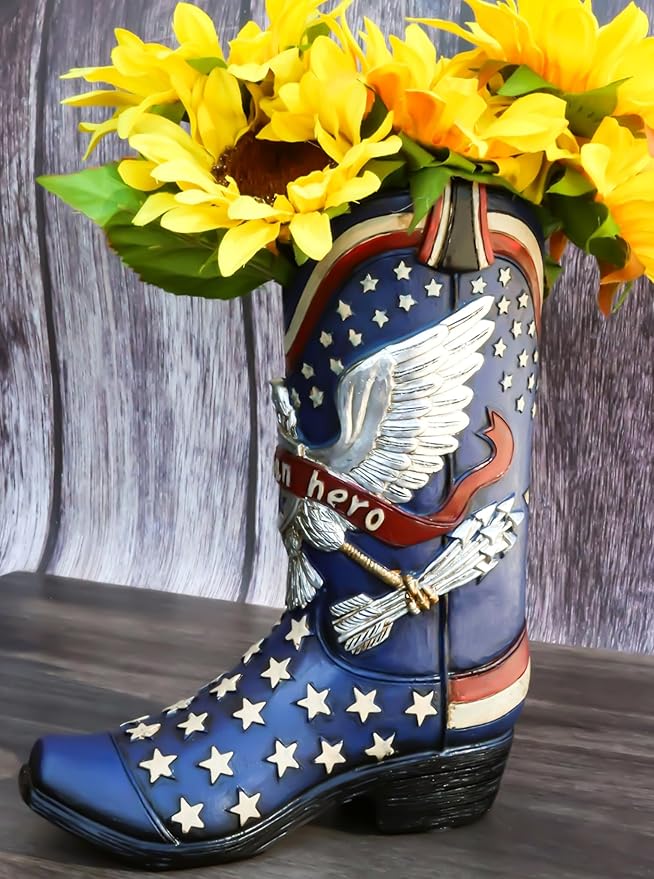 Ebros Gift Rustic Country Patriotic Blue USA Flag Western Stars American Hero USA Eagle Great Seal Crest Cowboy Boot Decorative Flower Bouquet Vase Or Planter Figurine 9" High