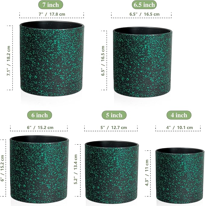 Meowell 7/6.5/6/5/4 inch Plant Pots, 5 Pack Cylinder Flower Pots for Small Indoor Outdoor Plants, Plastic Planters with Drainage Holes and Saucer for Garden Succulent Plants, Black With Green Speckles