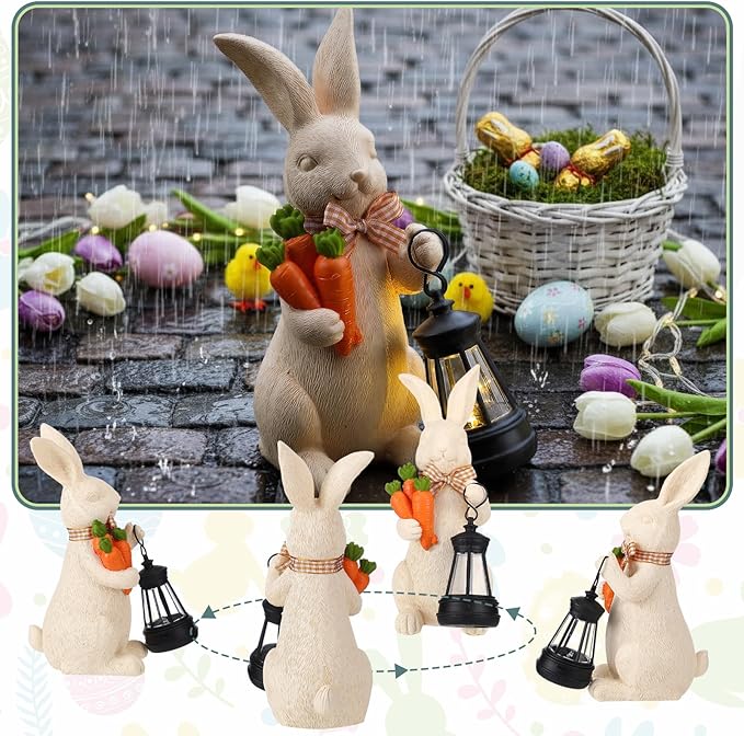 Retisee Solar Easter Garden Statue Resin Garden Bunny Statue with Carrots LED Lights Outdoor Bunny Solar Light Figurine Decoration for Yard Patio Lawn Gift for Easter Spring Holiday Outdoor Decor