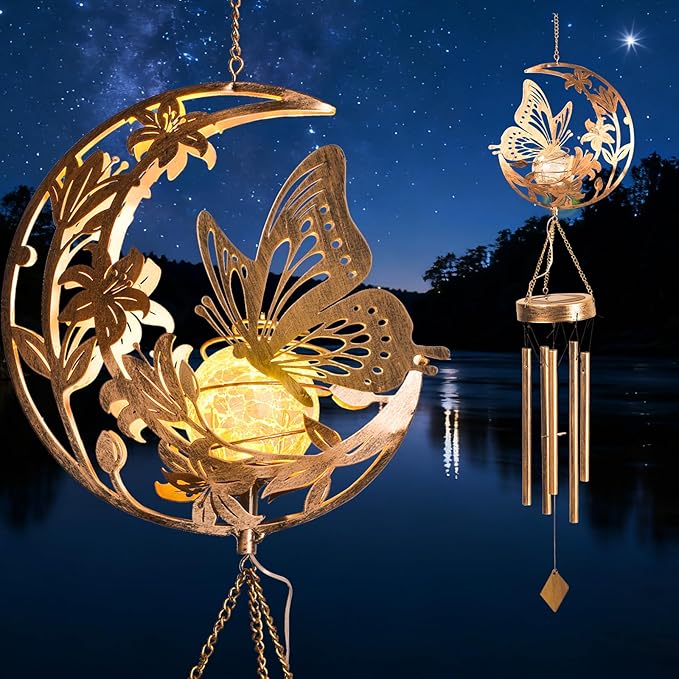 JOBOSI Moon Butterfly Wind Chimes Decorative Gift, Solar Moon Butterfly Wind Chimes for Outside, Mother's Day Wind Chime Gift, Gifts for Women, Mom, Grandma, Outdoor Garden Lawn Yard Decor