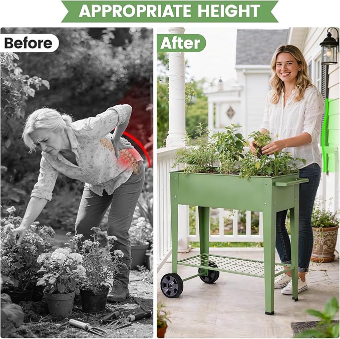 Elevated Raised Garden Bed with Legs- Galvanized Raised Beds for Gardening on Wheels, Anti-Rust Steel Planter Box with Storage Rack& Drain Hole for Backyard Patio Balcony (Green)