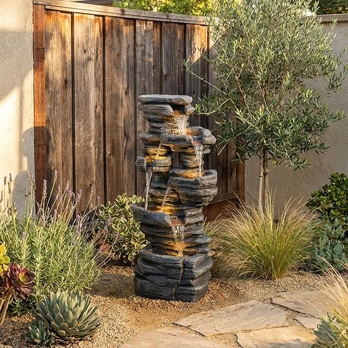 42.5" H Garden Outdoor Water Fountain with LED Lights & Pump, Mutiply-Tier Cascading Outdoor Fountain Suitable for Garden/Patio/Yard/Deck/Balcony and Home Art Decor（Resin）