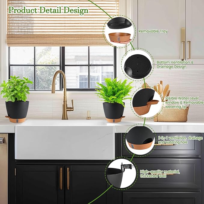 Fielda Self Watering Pots for Inoor Ourdoor Plants 8/7/6.5/6/5 Inch Plastic Planters with Drainage Holes & Water Level Indicator, Decorative House Flower Nursery Planting Pots with Saucers (Black)