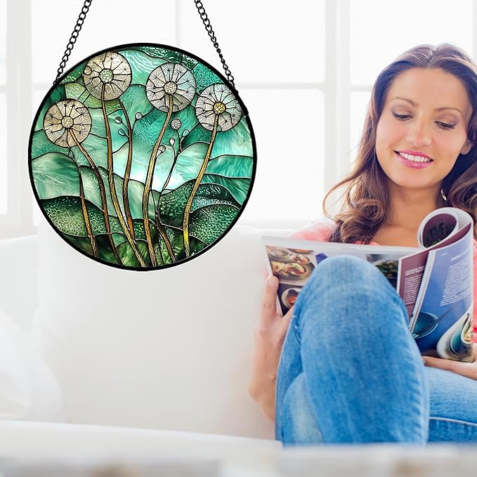 AMDERVEN Stained Glass Window Hanging, Green Abstract Lotus Leaves Tree Sun Catcher for Window Door Home Decor Plant Suncatcher Christmas Mother's Day Birthday Gifts for Women Men Mom Nana 15 in