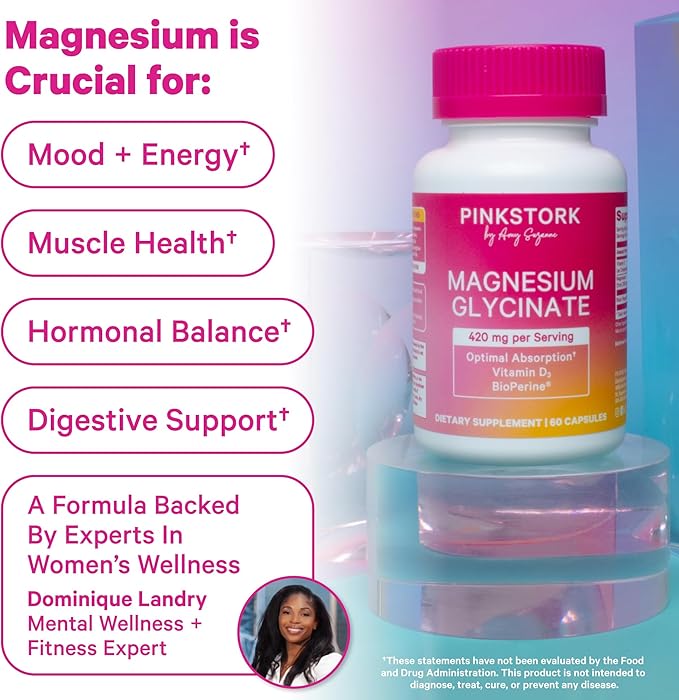 Pink Stork Magnesium Glycinate with Vitamin D - Magnesium Supplement for Women to Support Natural Calm, Mood, and Sleep - Hormone Balance for Women - 60 Capsules, 1 Month Supply