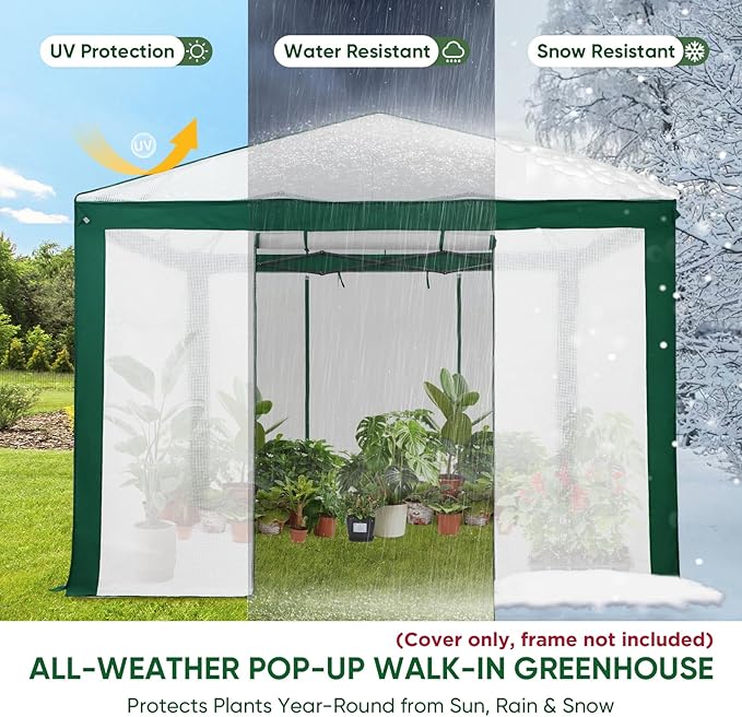 EAGLE PEAK Replacement Cover for 10x10 Pop up Greenhouse with Polyester Reinforced Corners, Front and Rear Roll-Up Zipper Entry Doors and 2 Large Roll-Up Side Windows (Frame Not Included), Green/White