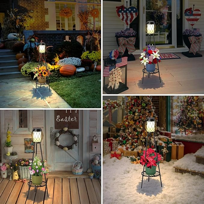 MXwcy Solar Lights Outdoor with Plant Stands 2 Pack, Solar Floor Lamp Metal Tripod Patio Lights for Garden Yard Pathway Driveway Front/Back Porch Decoration