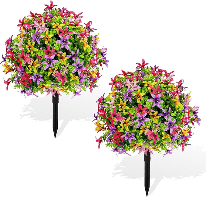 ENVEN Artificial Topiary Ball Tree Outdoor Plants with Ground Spike 22"- UV Resistant Faux Shrubs, Eucalyptus Fake Plants for Indoor & Garden, Yard, Porch, Patio Decor (Mixed Color BlackBerry Lily)