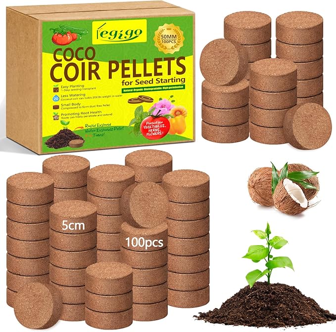 Legigo 100 Pcs 50mm Coco Coir Pellets Seed Starter Soil Mix- Organic Coconut Coir Potting Soil Pods for Seedling, Coco Peat Soil Discs for Indoor & Outdoor Plants Bonsai Herbs Vegetables and Flowers