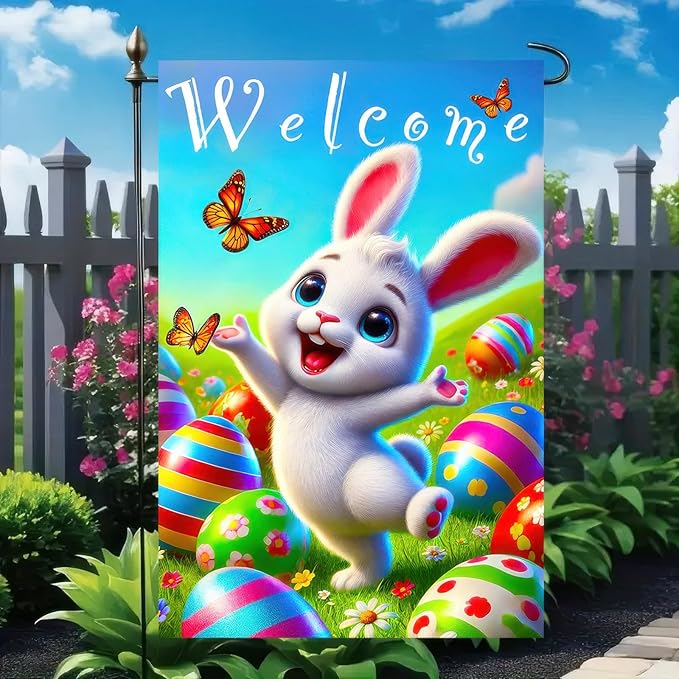 Happy Easter Garden Flag 12x18 Inch Double Sided Welcome Bunny Easter Egg Design Small Outdoor Yard Flag Cute Spring Easter Banner for Porch Lawn Patio Garden Decor