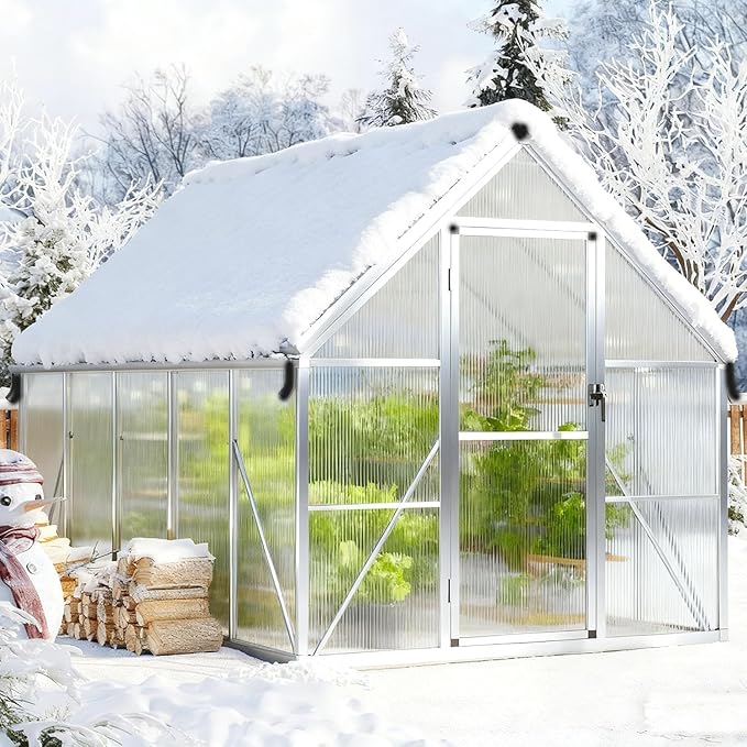 8x10 Ft Sturdy Greenhouse with Roof Vent, Polycarbonate Greenhouse with Lockable Door, Aluminum Large Walk-in Green House for Outside Garden Backyard, Patio, Lawn, and Garden